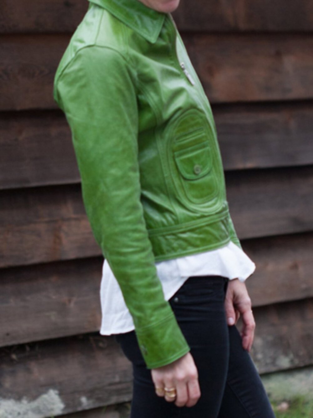 Rare Green Leather Jacket. Cropped Bomber. Zip-Front. Perfect. Size M-L - Picture 9 of 10